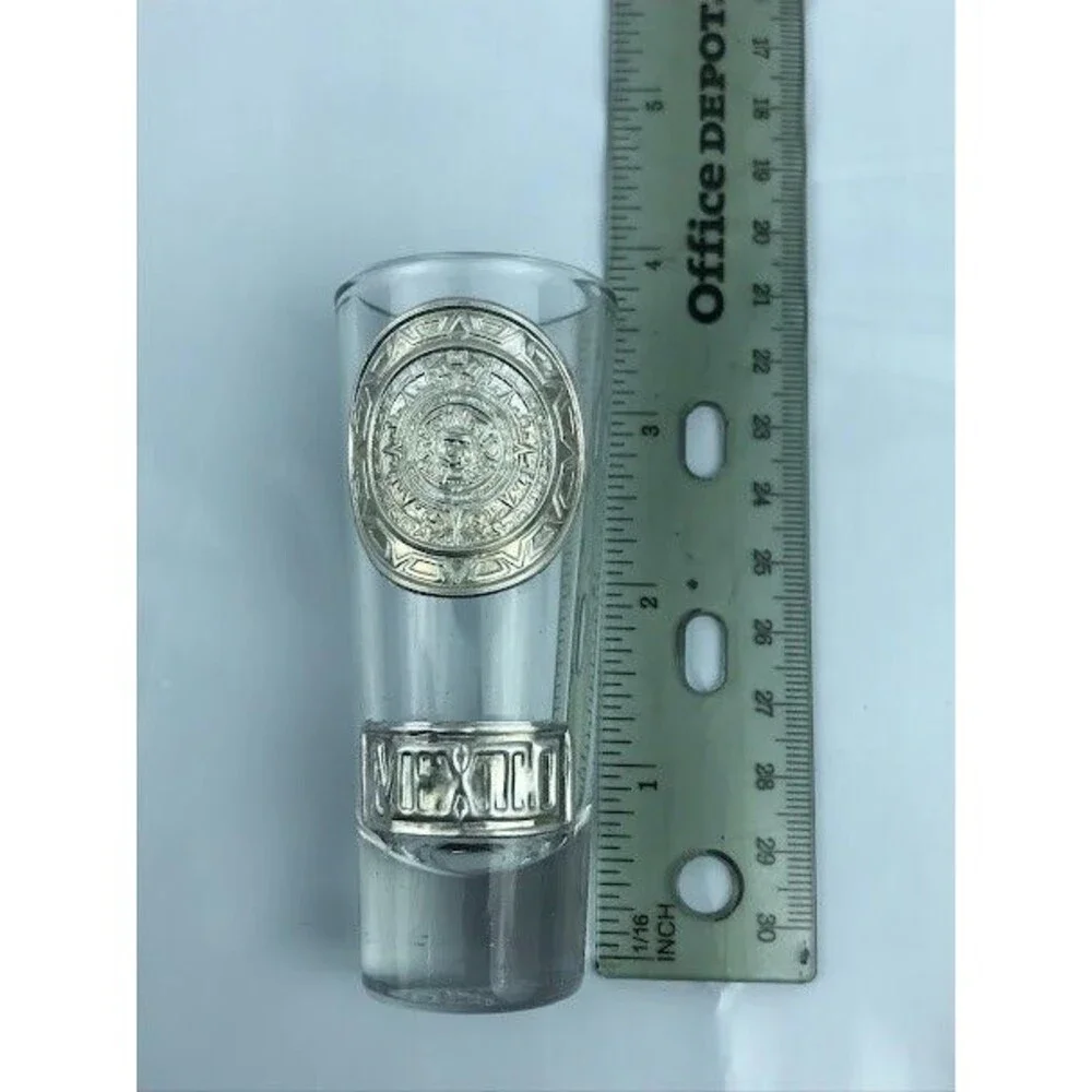Cancun Mexico AZTEC CALENDAR 4” TALL SHOT GLASS Vintage Silver Souvenir Barware